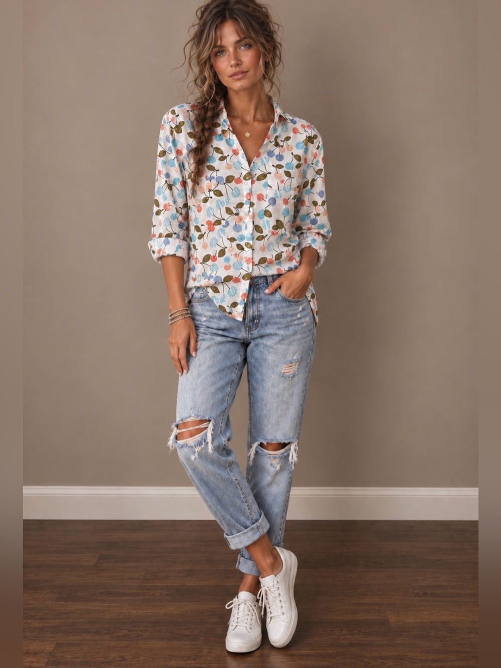 NWOT Aerie Cherry Logo Print Button Up Shirt